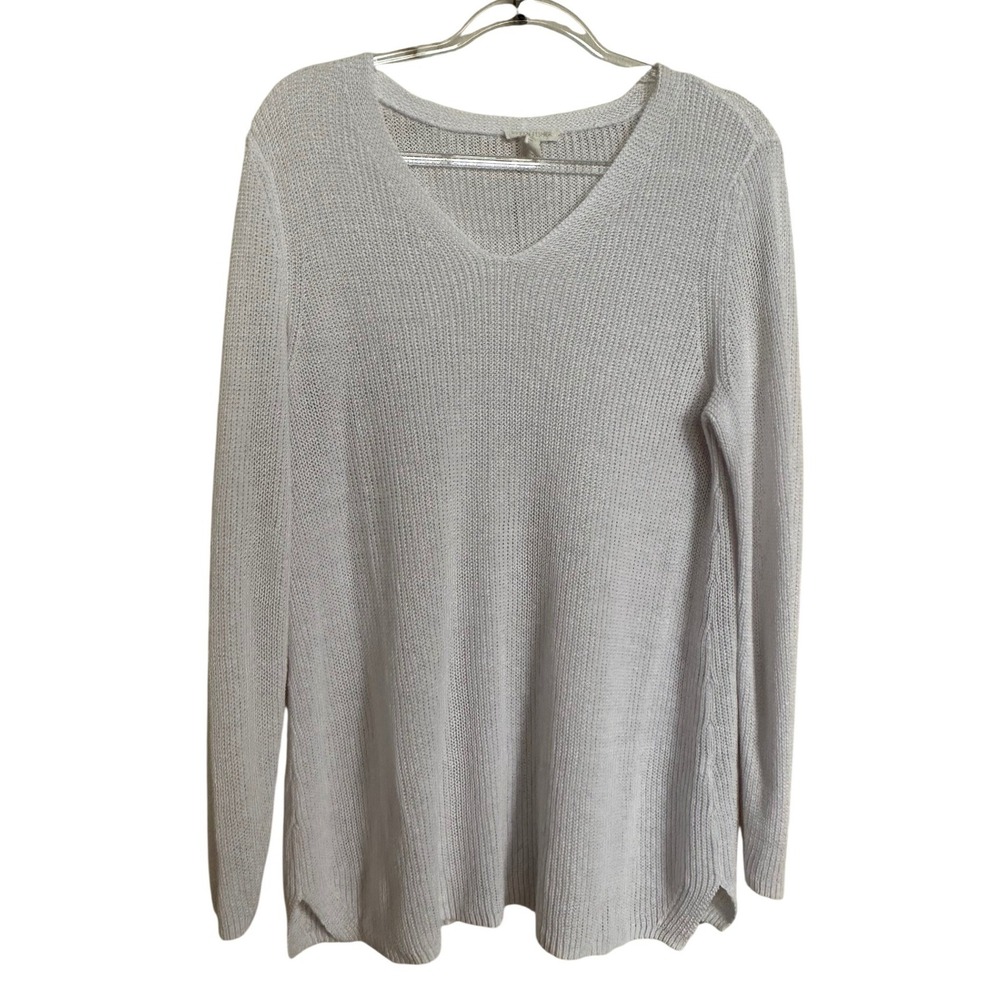 Eileen Fisher White 100% Organic Linen V-Neck Open Open Knit Sweater Large